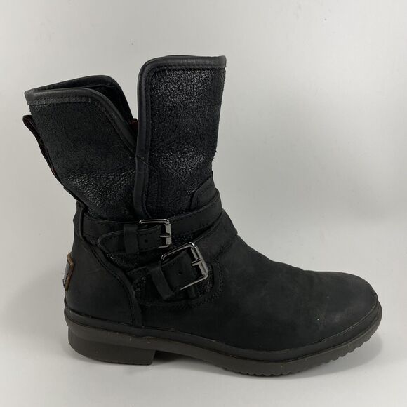 UGG Simmens Double Buckle Leather Boots Womens Size 6 Black Waterproof Leather - Picture 1 of 11